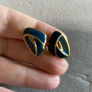 Vintage clip on earrings mod geometric 70a 80s gold tone primary colors blue